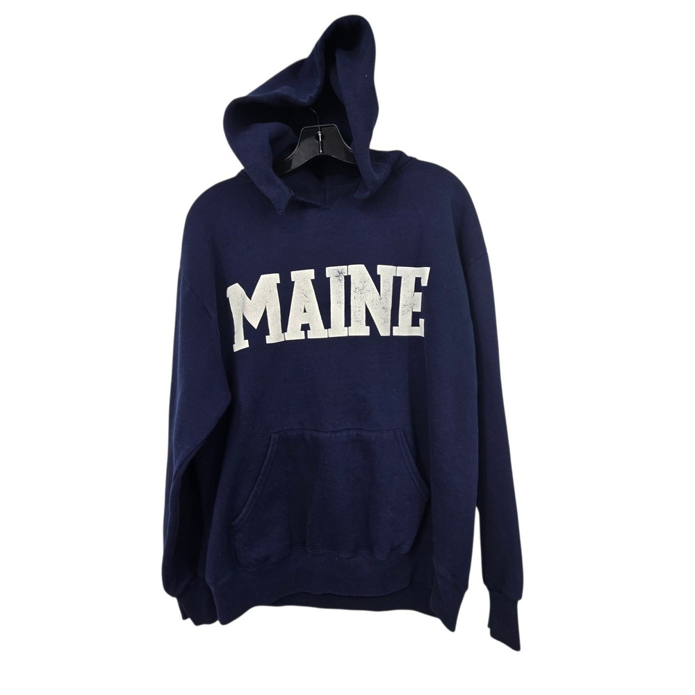 Vintage 90s Y2K Jerzees Maine Hoodie Women L Navy Blue Graphic Sweatshirt Grunge
